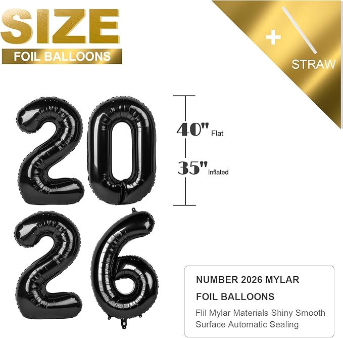 2026 Number Balloons, 40 Inch Balloon, New Years Eve Decorations, Black Balloons for New Years Eve Party Supplies 2026, Graduation Decoration, 2 6 20 26 Birthday Parties