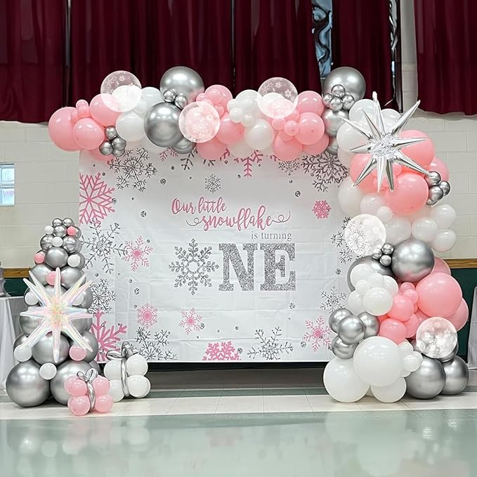 Pink Winter Wonderland Balloons Garland Arch Kit, 121pcs Pink White Metallic Silver Balloons, Silver Iridescent Explosion Star Foil Balloon for Christmas Princess Birthday Winter Xmas Party Decoration