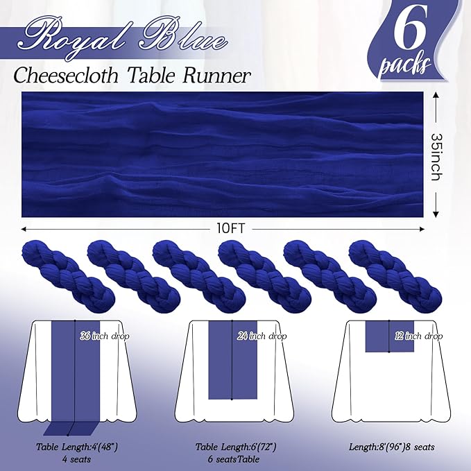 6Pack Royal Blue Cheesecloth Table Runner 35x120Inch Spring Easter Cheese Cloth Table Runner 10FT Boho Gauze Table Runners Rustic Sheer Table Runners for Wedding Bridal Shower Baby Shower Party Decor