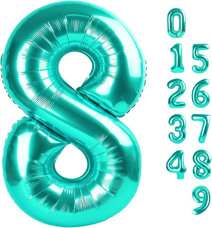40 Inch Number 8 Balloon, Blue-green 8 18 28 80 Birthday Balloons for Men Boys, 8th Birthday Decorations Party Supplies, Wedding, Graduations