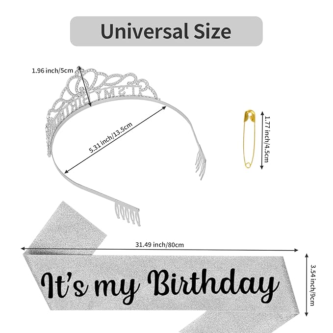 Silver-Black Crown and Sash for Women, Birthday Tiara Headband, Happy Birthday Hat, Party Favors Gift