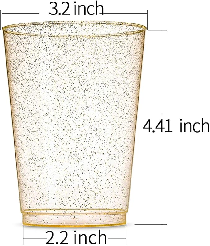 WDF 100pcs 12OZ Gold Cups - Disposable Gold Glitter Plastic Cups - Premium Wedding - Party for Thanksgiving, Christmas