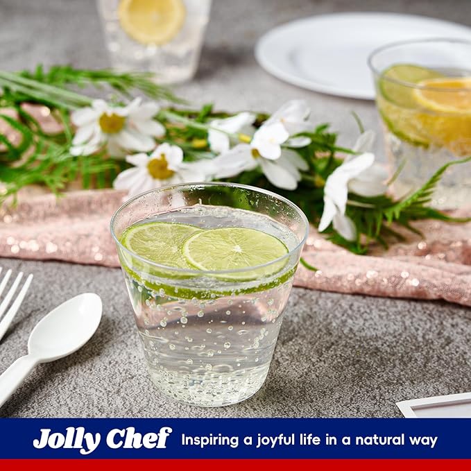 JOLLY CHEF 10 OZ Clear Disposable Plastic Cups, 100 Pack Heavy Duty Clear Plastic Cups Tumblers for Wedding, Thanksgiving, Halloween Christmas Party