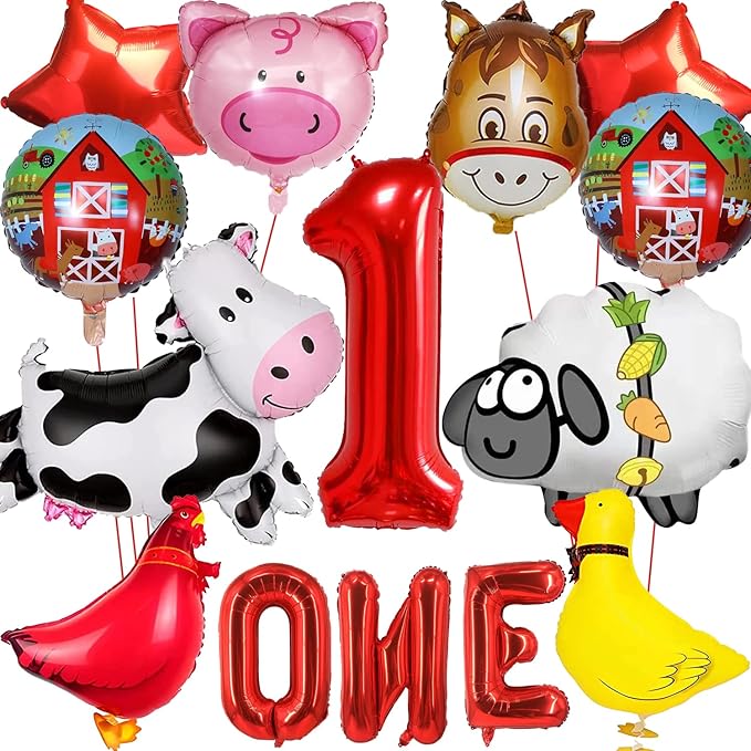 14 PCS Farm Animal Balloons Cow Sheep Duck Rooster Pig Donkey Balloons Barnyard Balloon Supplies with Large Number 1 Foil Balloon for Farm Animal Theme 1st Birthday Party Decor Supplies