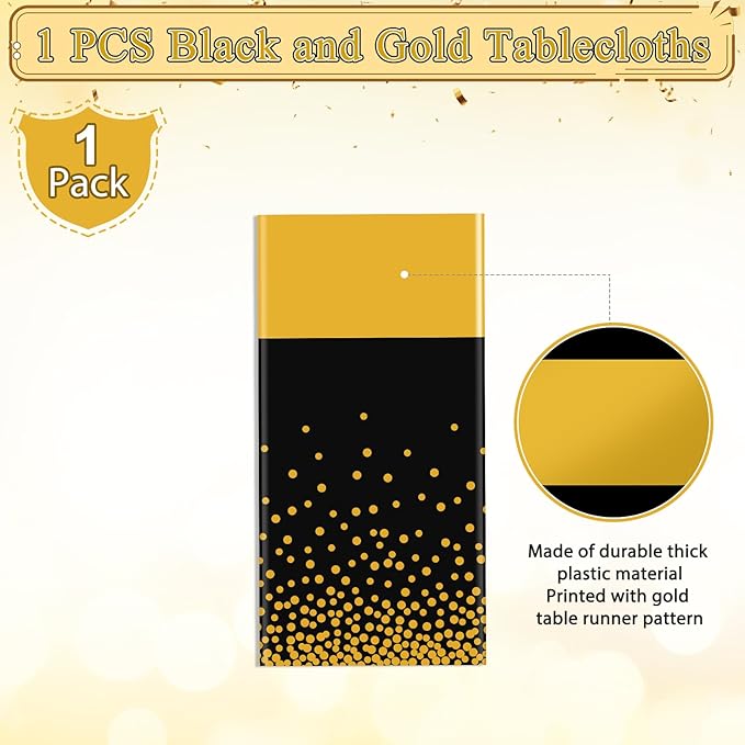 1Pcs Black and Gold Tablecloth Party Decorations,Plastic Black Table Cloth Printed Gold Table Runner Disposable Rectangle Tables Cover for Birthday Retirement Anniversary Graduation Party,54 x108 Inch