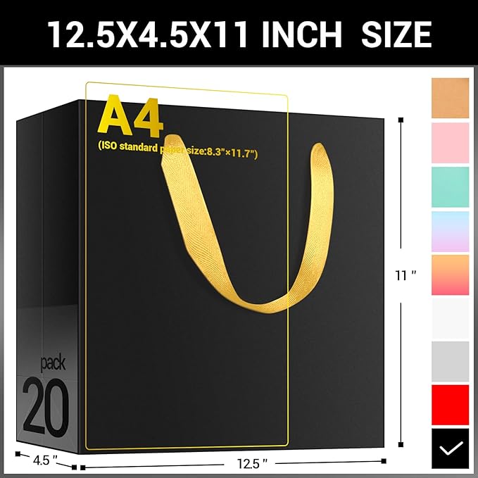 EUSOAR Large Black Golden Handles Shopping Bags, 20 Pack 12.5x4.5x11 inches Gift Wrap Bags Handles Bulk, Merchandise Retail Wrapping Bags for Business, Craft Grocery, Wedding
