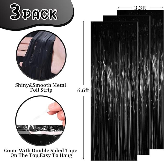 3 Pack 3.3 x 6.6 ft Black Foil Fringe Backdrop Curtains, Tinsel Streamers Party Decorations, Fringe Backdrop for Birthday, Baby Shower, Gender Reveal, Graduation