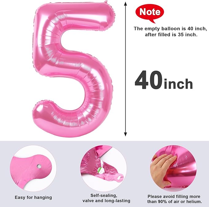 Balloon Numbers 40 Inch 5 Ballon for 5th Birthday Decorations, 15 25 35 50 Big Pink Number Balloons for Wedding Photo Shoot Party Decor