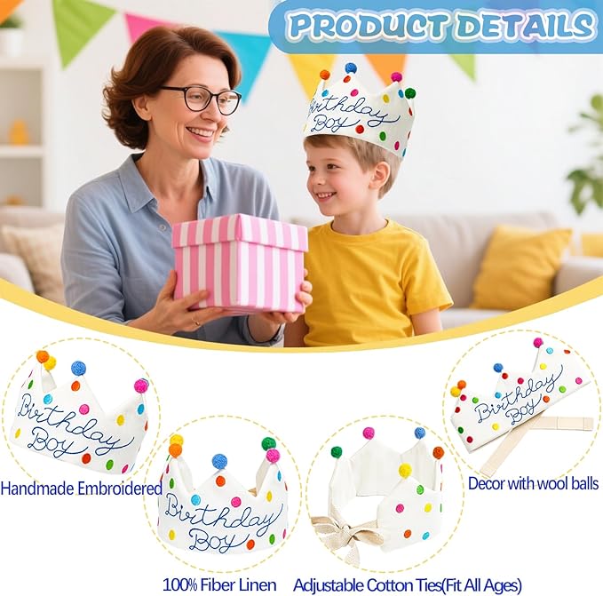 Personalized Hand Embroidered Birthday Hats Happy Birthday Crowns 1st Crown First Party Hats for Baby Kids Boy Girl