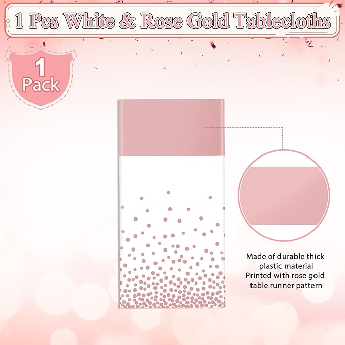 1Pcs White and Rose Gold Tablecloth Party Decorations,Plastic White Table Cloth Printed Rose Gold Table Runner Disposable Rectangle Cover for Birthday Anniversary Wedding Grad Party,54 x108 Inch