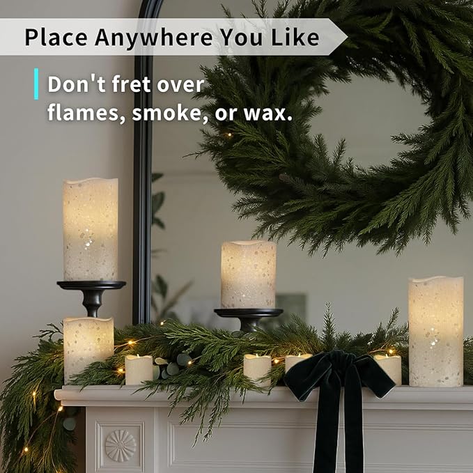 FURORA LIGHTING White Glitter Real Wax Flameless LED Candles with Remote & Timer (2/4/6/8 H), Battery Operated for Safety and Elegance, Pack of 8