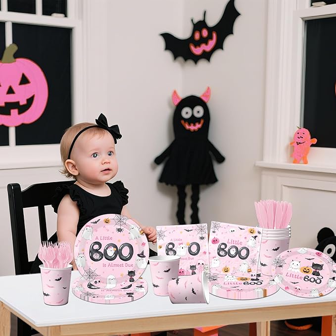 A Little Boo Is Almost Due Baby Shower Girl Decorations,144pcs Pink Halloween Baby Shower Plates and Napkins Cups for Boo baby Shower Decorations,Serves 24