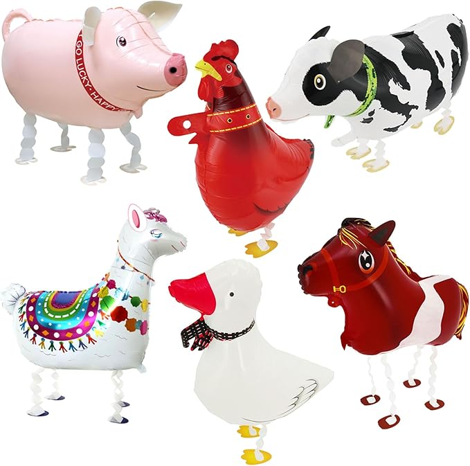 6 Pcs Farm Animal Balloons - Large Cow Horse Duck Chicken Pig Llama Mylar Foil Balloons for Birthday Party, Baby Shower, Farm Theme Party Supplies