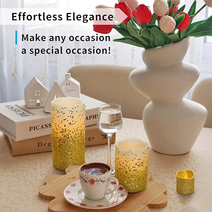 FURORA LIGHTING Gold Glitter LED Candles with Remote and Timer, 4 Pillars and 4 Votives Pack of 8, Real Wax Flameless Flickering Candles for Home Décor, Battery Included