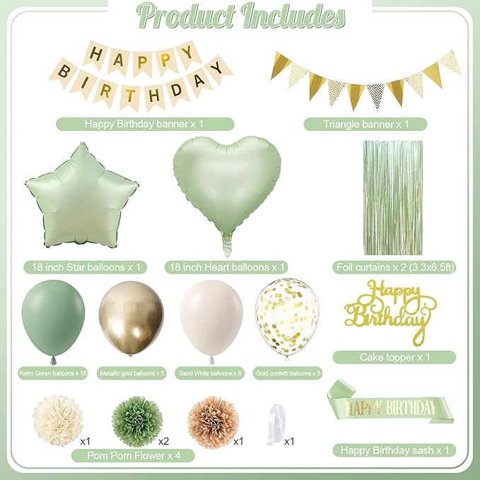 Sage Green Birthday Decorations, Neutral Green Gold Nude Party Décor with Foil & Latex Balloons Sash Fringe Curtains Happy Birthday Banner Cake Topper Paper Pompoms Party Decor for Women Girl