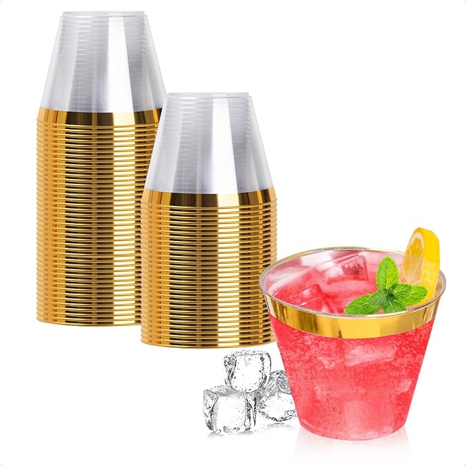 Goodluck 50PCS 9oz Gold Disposable Cups, Plastic Cups with Gold Rim, Cocktail Cups for Wedding, Party and Birthday