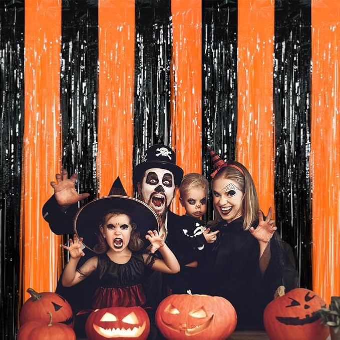 TONIFUL 2Pcs Black Orange Door Streamers,Photo Booth Backdrop Metallic Streamers Foil Fringe Curtains for Birthday,Christmas,New Year,Bachelorette,Halloween Party Streamers Decor(9.9ft x 6.6ft)