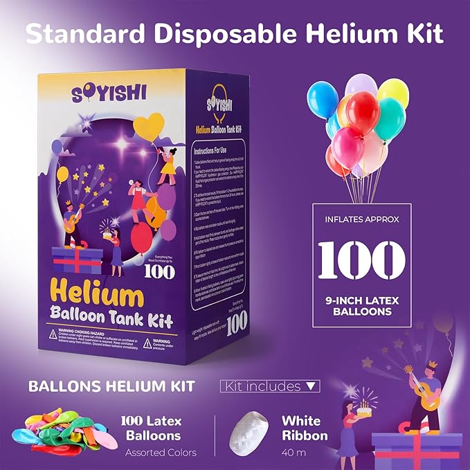 22L Helium Tank for Balloons at Home with 100 Assorted Latex Balloons and Curling Ribbon Helium Balloon Pump Kit Pure Helium Gas (1 Tank)