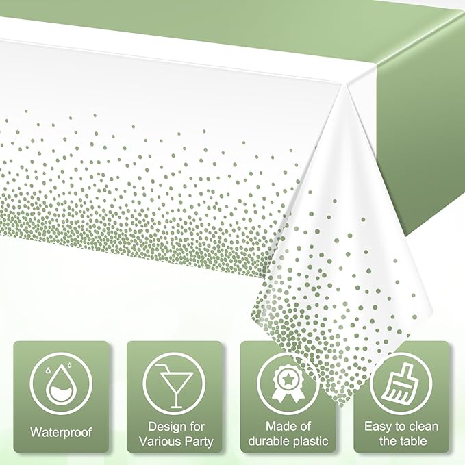 12Pcs White and Sage Green Tablecloth Decorations,Plastic White Table Cloth Printed Green Table Runner Disposable Rectangle Tables Cover for Birthday Wedding Anniversary Graduation Party,54 x108 Inch