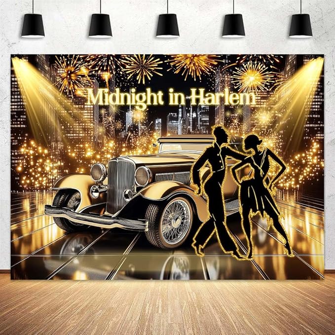 4X4ft Roaring 20s Party Photo Backdrop Photography Background, Great Gatsby Black and Gold 1920s Speakeasy Party Backdrops Photo Booth Prop Decorations Wall Decor Tablecloth