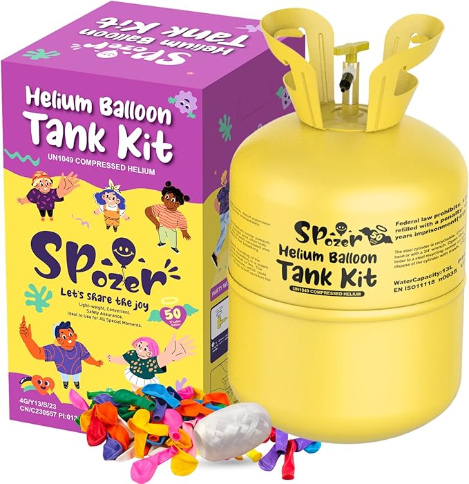 Helium Tank for Balloons At Home, 13L Helium Balloon Pump Kit Up To 50 Latex Balloons, 50 Latex Balloons and Ribbons, Ideal for Birthday Party, Wedding, Events