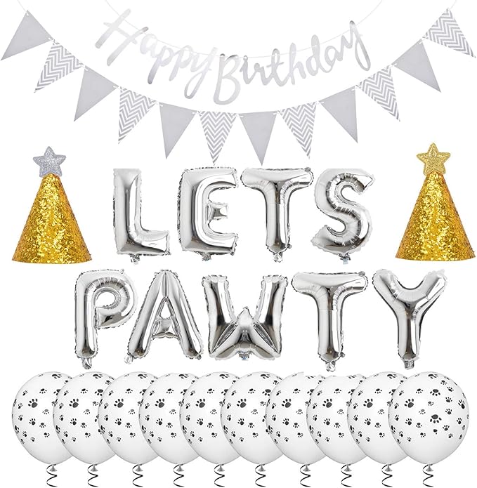 Legendog Dog Birthday Party Supplies Dog Paw Print Balloons Cat Birthday Hat Happy Birthday Banner Foil Balloons Lets Pawty Letters Balloons Decorations