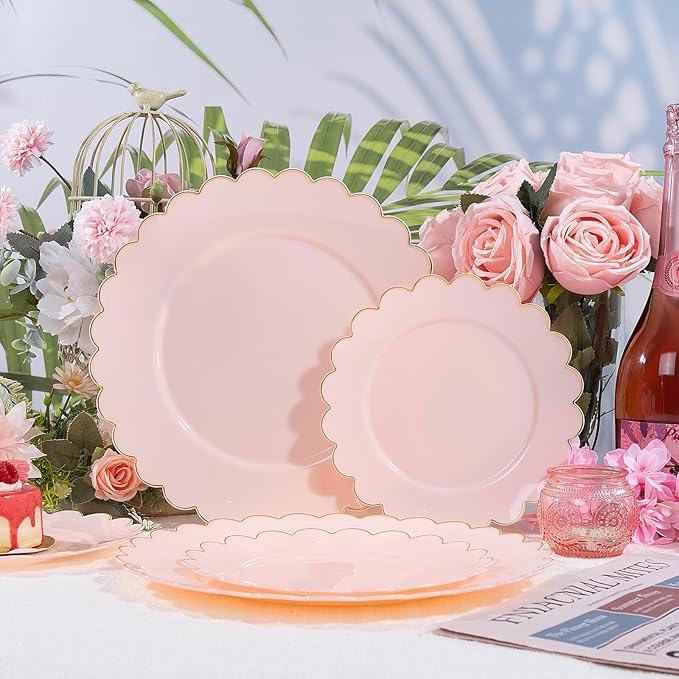 LIYH 120pcs Pink Plates Disposable Heavy Duty Disposable Plates for Party Plate Includes: 60 Dinner 10.25" & 60 Dessert Plate 7.5" Elegant Gold Rim Suitable for Bridal Shower Birthday Pink Party Decor