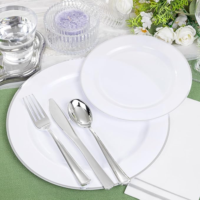 SUT 175 Piece Silver and White Plastic Dinnerware Set for 25 Guests, Disposable Plastic Plates, Include: 25 Dinner Plates, 25 Dessert Plates, 25 Pre Rolled Napkins with Silver Silverware, 25 Cups