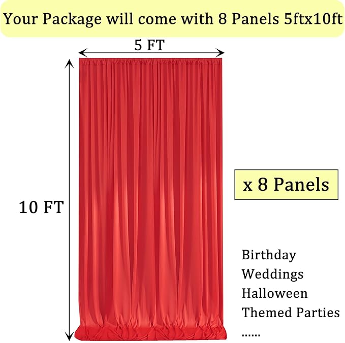 40ft x 10ft Wrinkle Free Red Backdrop Curtains for Parties, 8 Panels 5x10ft Silky Polyester Photo Backdrop Drapes for Christmas Weddings Birthday Party Photography Background Decor