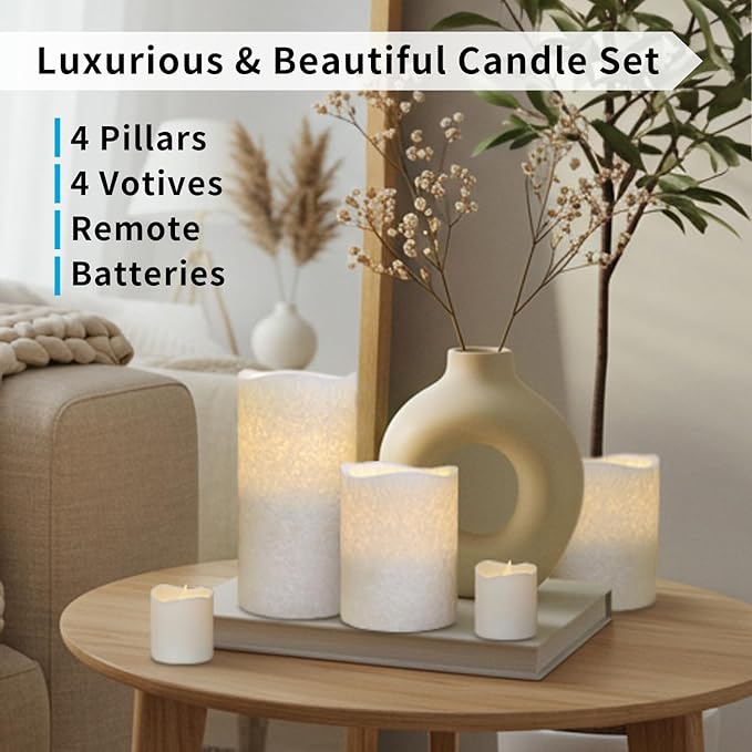 FURORA LIGHTING LED Flameless Candles with Remote Control, White in Set of 8, Real Wax Battery Operated Pillars and Votives LED Candles with Flickering Flame and Timer Featured
