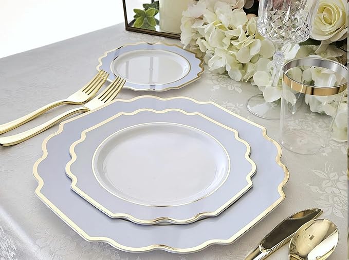 OCCASIONS 720 Pcs set (120 guest) Wedding Disposable Plastic Plate and Silverware Combo 10.5" + 8" + Silverware (Double Fork) (Imperial in White/Blue & Gold Rim, Gold Silverware)