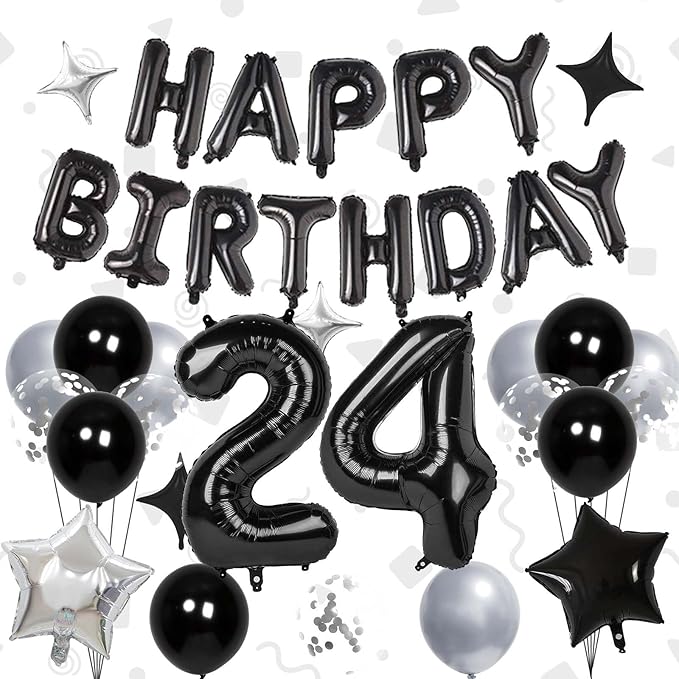 32 Inch 24 Balloon Numbers, Happy Birthday Balloons Banner 16 Inch Foil Letters Balloon Silver and Black Star Balloons for 24th Birthday Decorations for Men Black Party Decorations