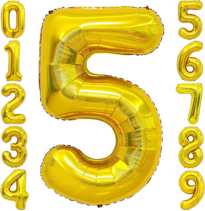 Gold 5 Balloon Number,40 Inch Number 5 Balloon Large Gold 5 Foil Mylar Helium Balloon for Birthday Party Decorations