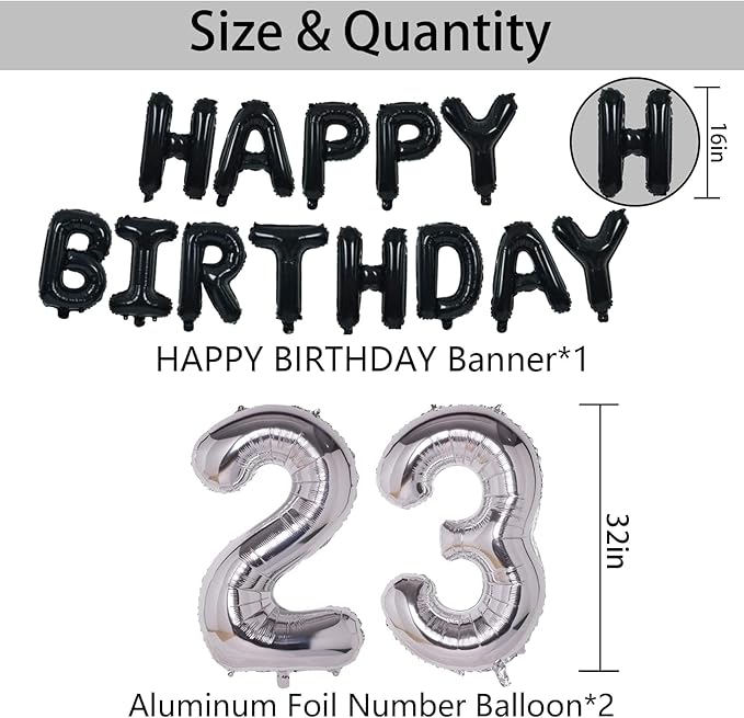 23rd Black Silver Birthday Party Decorations for Men Women, Party Supplies With Banner, Foil Stars, Balloons for 23 Celebration