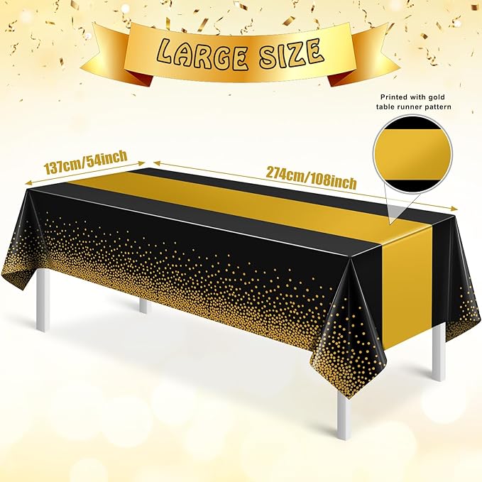 1Pcs Black and Gold Tablecloth Party Decorations,Plastic Black Table Cloth Printed Gold Table Runner Disposable Rectangle Tables Cover for Birthday Retirement Anniversary Graduation Party,54 x108 Inch