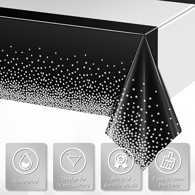 3Pcs Black and Silver Tablecloth Party Decorations,Plastic Black Table Cloth Printed Silver Table Runner Disposable Rectangle Table Cover for Birthday Anniversary Wedding Graduation Party,54 x108 Inch