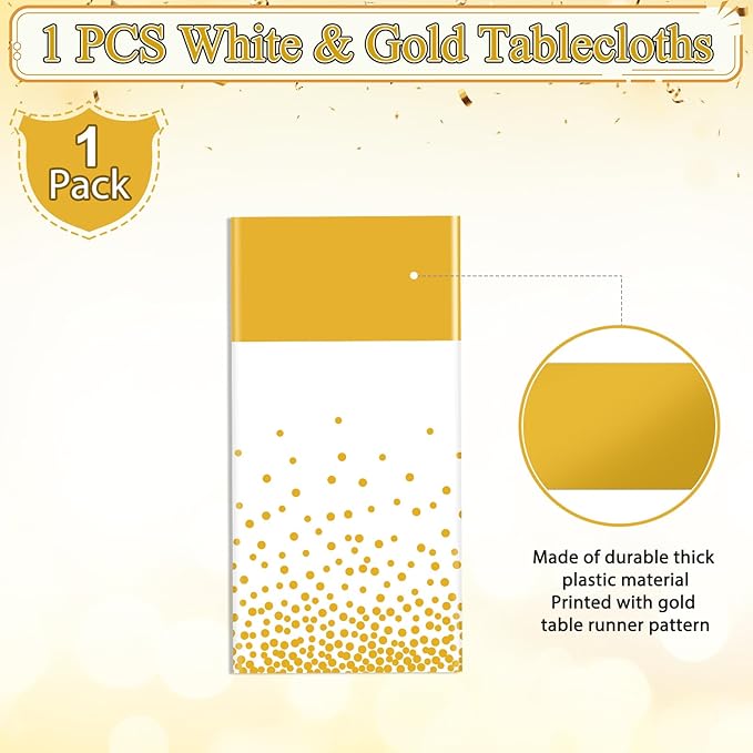 1Pcs White and Gold Tablecloth Party Decorations,Plastic White Table Cloth Printed Gold Table Runner Disposable Rectangle Tables Cover for Birthday Wedding Anniversary Graduation Party,54 x108 Inch