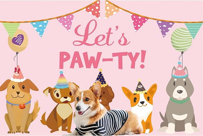 Baocicco 10x8ft Let's Paw-ty Backdrop Cartoon Doggy Puppy Shiba Inu Banner Balloons Poodle Birthday Hats Photography Background Pets Puppy's Birthday Party Decoration Pawty Theme Party Carnival