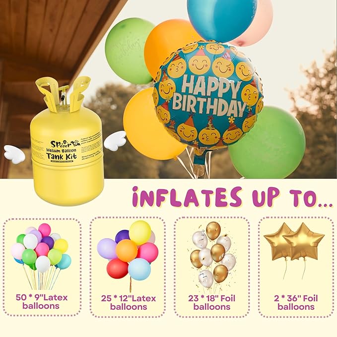 Helium Tank for Balloons At Home, 13L Helium Balloon Pump Kit Up To 50 Latex Balloons, 50 Latex Balloons and Ribbons, Ideal for Birthday Party, Wedding, Events