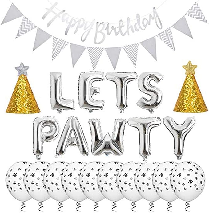 Esweny Pawty Balloons & Banners - Dog & Cat Birthday Hat, Foil Balloons for Pet Party Decoration