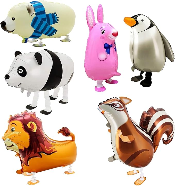 6 Pcs Walking Animal Balloons Cute Walking Panda Polar Bear Lion Penguin Bunny Squirrel Inflatable Animals Foil Party Balloons for Kids Baby Shower Animal Theme Birthday Party Decorations Supplies