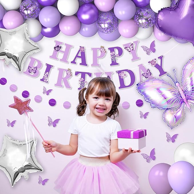 23rd Purple Birthday Decorations for Women, Purple Pink 23rd Birthday Decorations Butterfly Theme Lavender Party Decor Set with Number Balloons, Banner, Sash, Butterfly Stickers