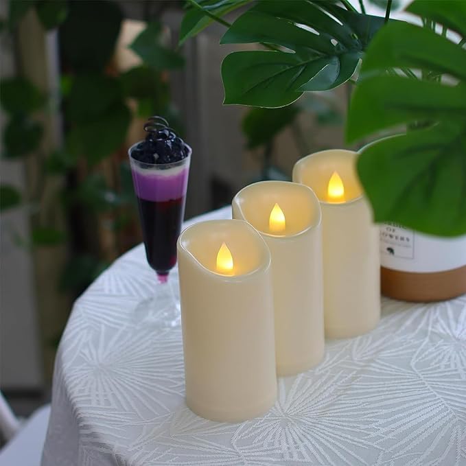 3 Pack Outdoor Battery Operated Candles with Timer (3x6 Inch) Waterproof Flameless Flickering Pillar Candles Plastic LED Fake Candle for Halloween Christmas Decoration Outside Lantern Festival Decor