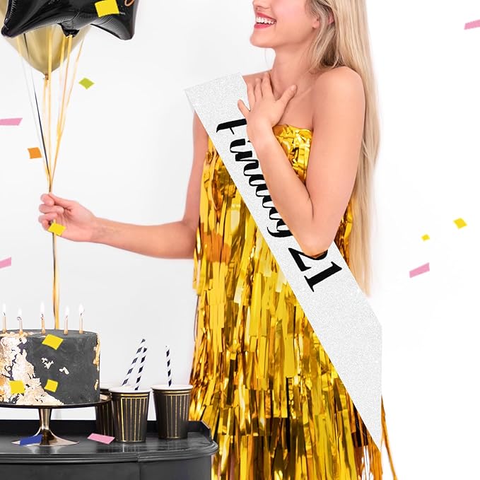 Vuzvuv Finally 21 Birthday Sash With Glitter - Decoration for Women and Men, Twenty One Party Favors Supplies and Decor - White
