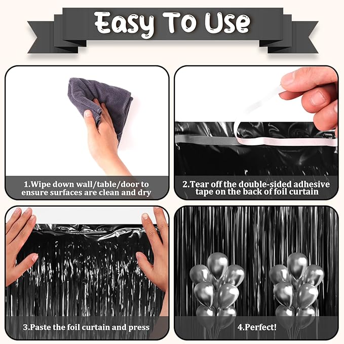 3 Pack 3.3 x 6.6 ft Black Foil Fringe Backdrop Curtains, Tinsel Streamers Party Decorations, Fringe Backdrop for Birthday, Baby Shower, Gender Reveal, Graduation
