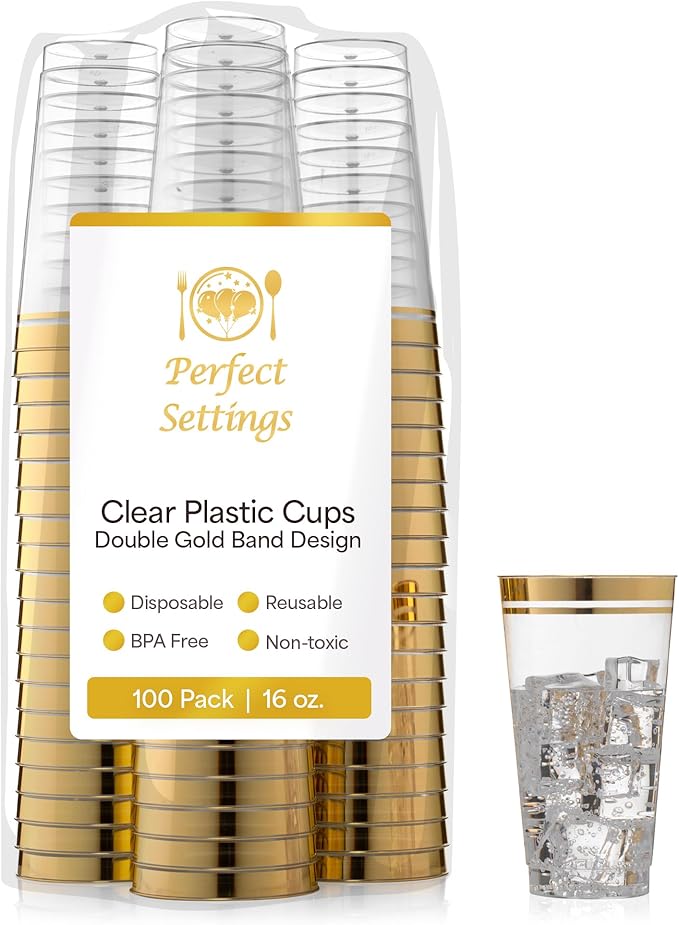 Perfect Settings Gold Rimmed Disposable Plastic Cups, Clear Hard Plastic Drinking Glasses for Cold Beverages & Cocktails, BPA-FREE, Disposable Wedding Cups, 16 oz. (Pack of 100)