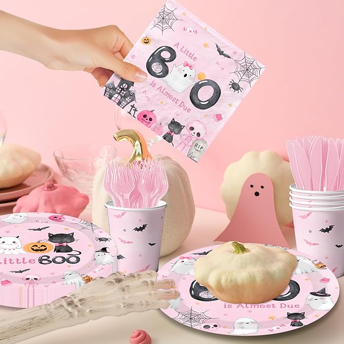 A Little Boo Is Almost Due Baby Shower Girl Decorations,144pcs Pink Halloween Baby Shower Plates and Napkins Cups for Boo baby Shower Decorations,Serves 24