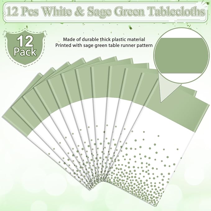 12Pcs White and Sage Green Tablecloth Decorations,Plastic White Table Cloth Printed Green Table Runner Disposable Rectangle Tables Cover for Birthday Wedding Anniversary Graduation Party,54 x108 Inch