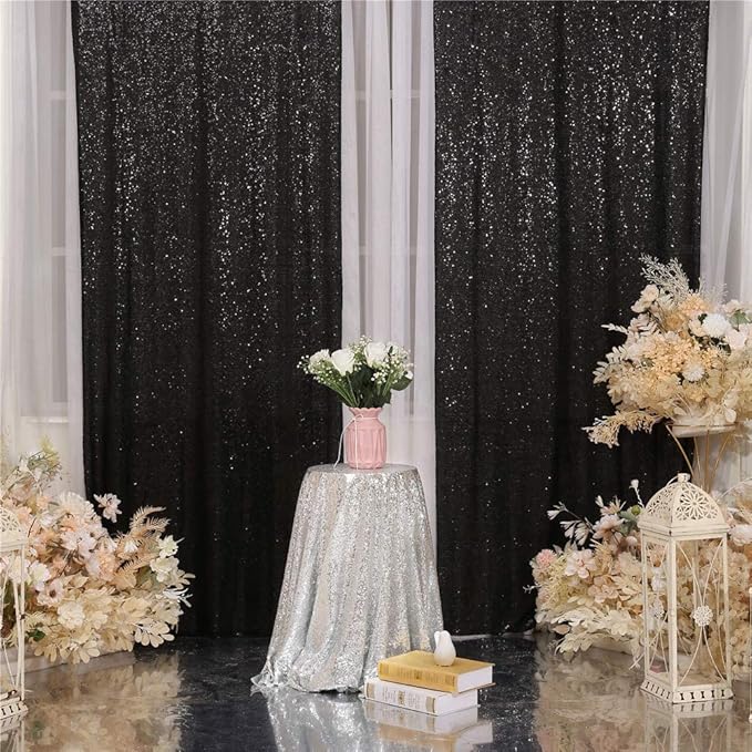 Eternal Beauty Sequin Backdrop Curtains, 2x8 Ft-2 Panels Black Back Drop for Shimmer Photography Party Wedding Birthday Decor