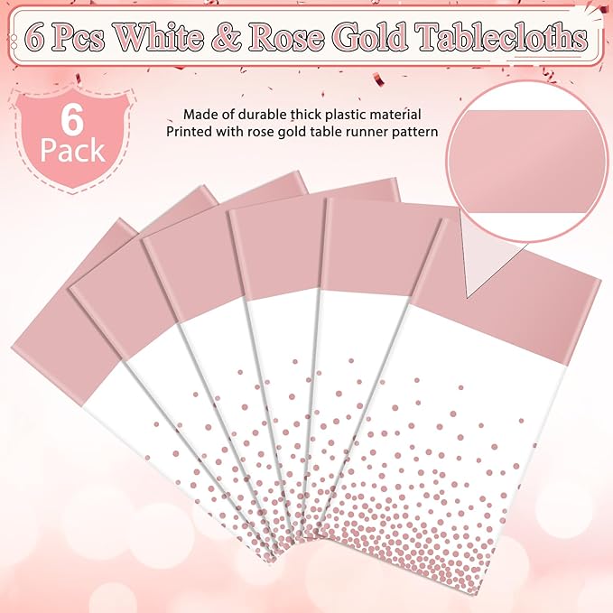 6Pcs White and Rose Gold Tablecloth Party Decorations,Plastic White Table Cloth Printed Rose Gold Table Runner Disposable Rectangle Table Cover for Birthday Anniversary Wedding Grad Party,54 x108 Inch
